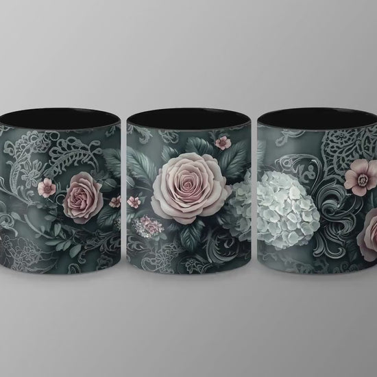 Dark Green Floral Lace Mug, Elegant Coffee Cup, 11oz & 15oz Ceramic Mug, White or Accent Colors, Romantic Gift Idea