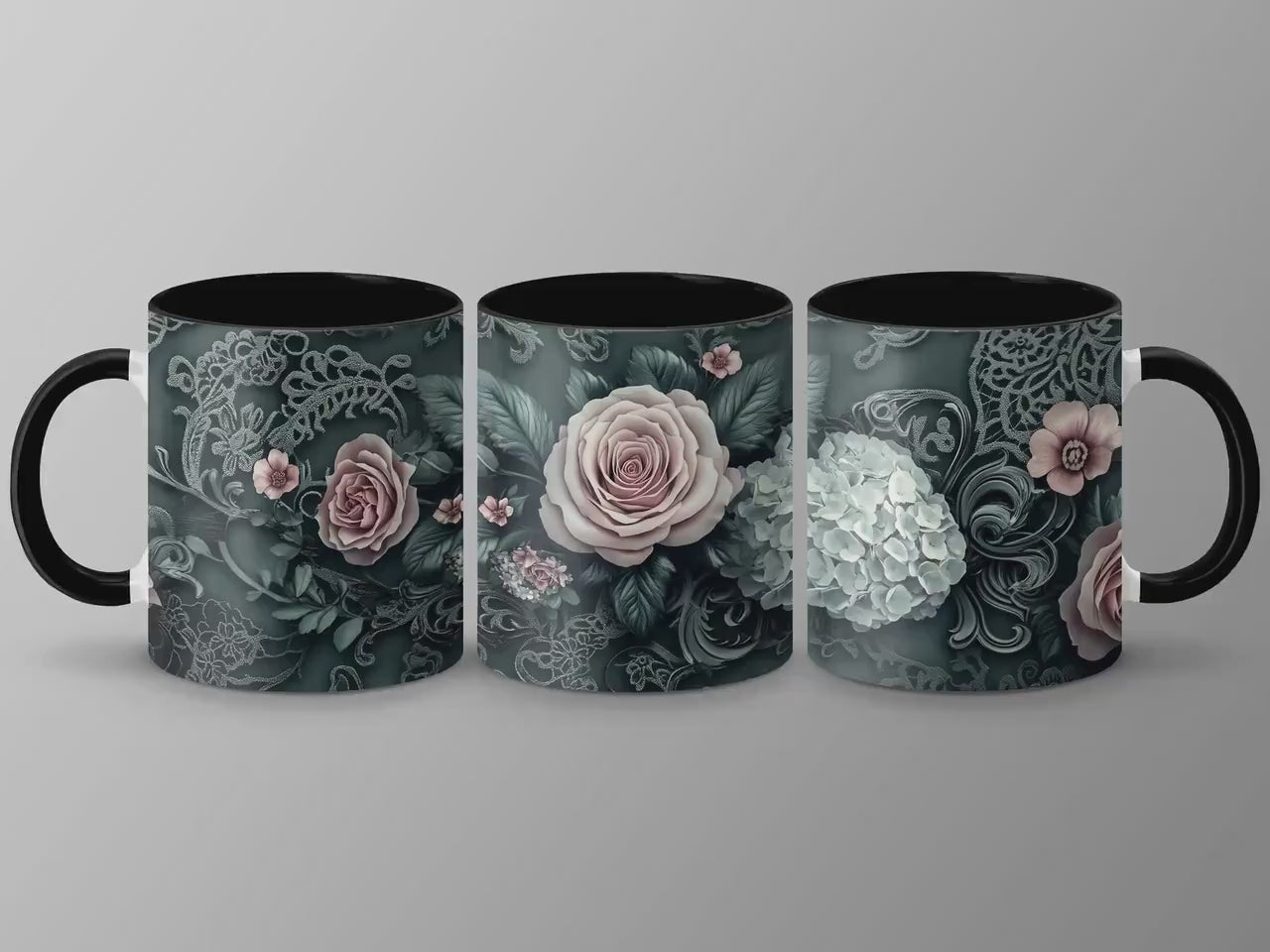 Dark Green Floral Lace Mug, Elegant Coffee Cup, 11oz & 15oz Ceramic Mug, White or Accent Colors, Romantic Gift Idea