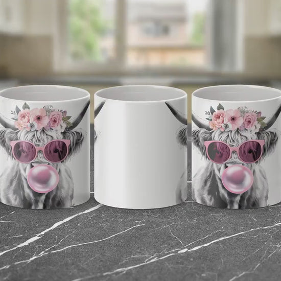 Highland Cow Mug with Flower Crown, Bubblegum Art Coffee Cup, 11oz & 15oz Ceramic Mug, Unique Farm Animal Gift