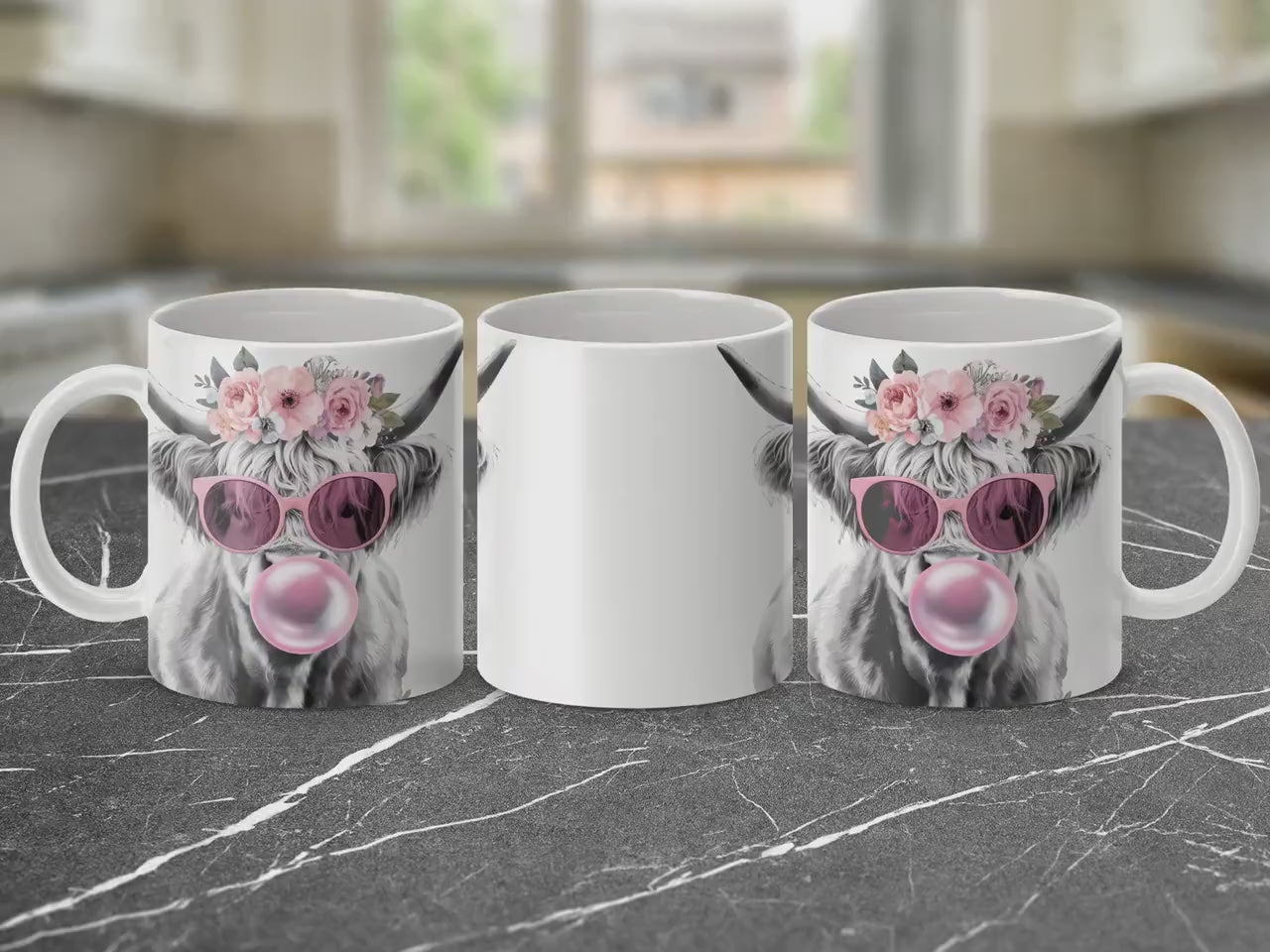 Highland Cow Mug with Flower Crown, Bubblegum Art Coffee Cup, 11oz & 15oz Ceramic Mug, Unique Farm Animal Gift