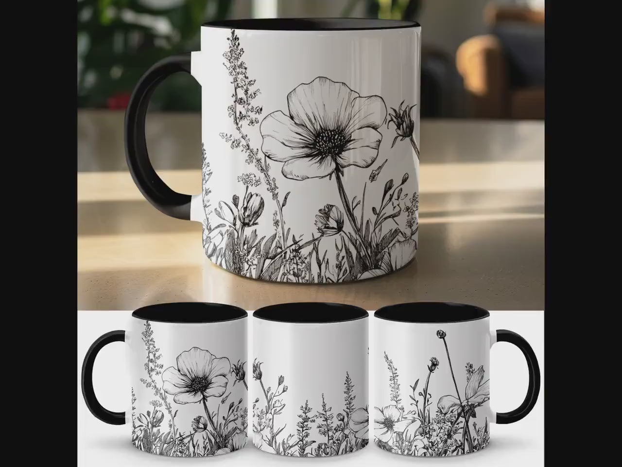 Floral coffee mug, Black and white flower design, Botanical tea cup, Artistic floral print, Wildflower sketch mug, Unique gift idea