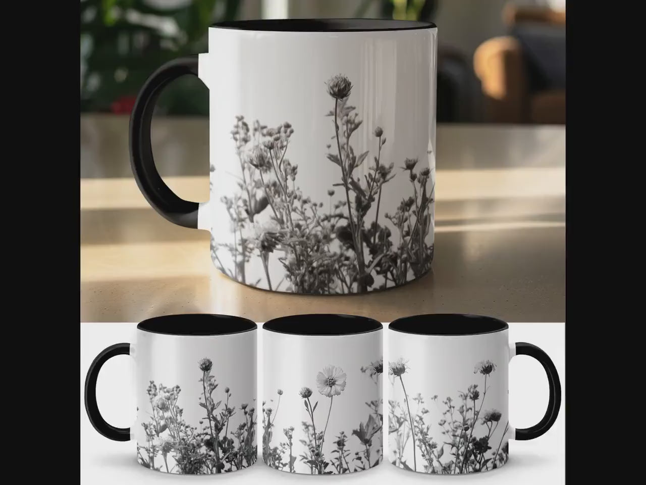 Black and White Floral Mug, Botanical Art Coffee Cup, Unique Flower Design Mug, Monochrome Mug for Nature Lovers, Gift for Plant Enthusiasts