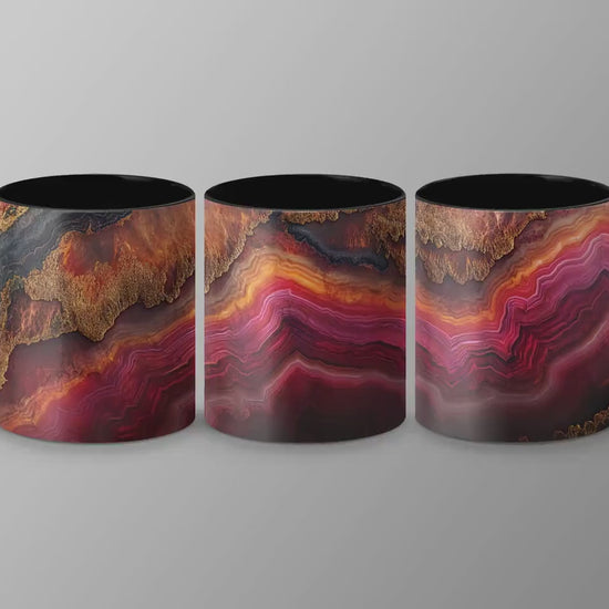 Fiery Agate Wrap-Around Mug, 11oz 15oz Ceramic Coffee Cup, Bold Geode Design with Rich Reds & Gold Accents, Unique Gift Idea