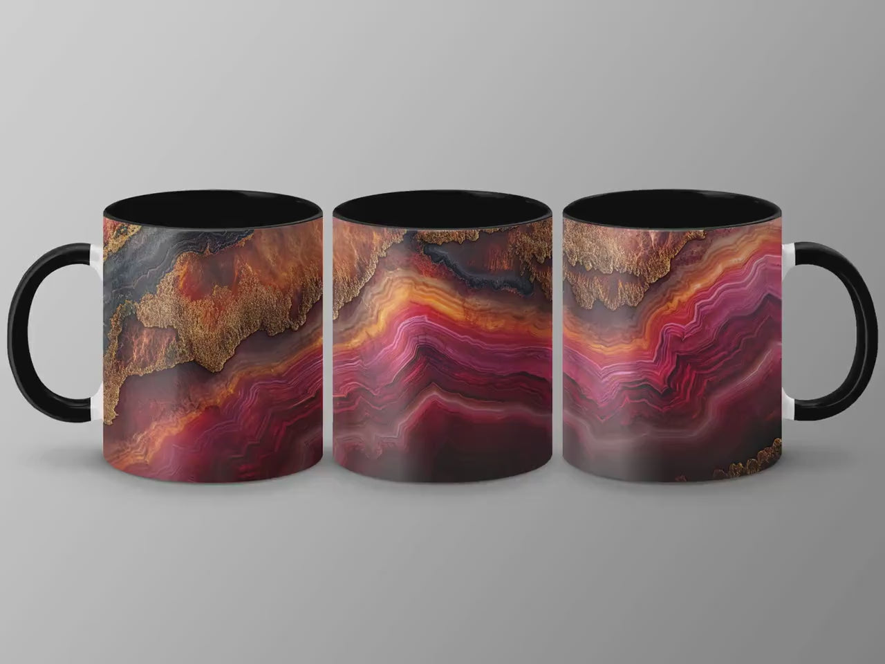 Fiery Agate Wrap-Around Mug, 11oz 15oz Ceramic Coffee Cup, Bold Geode Design with Rich Reds & Gold Accents, Unique Gift Idea