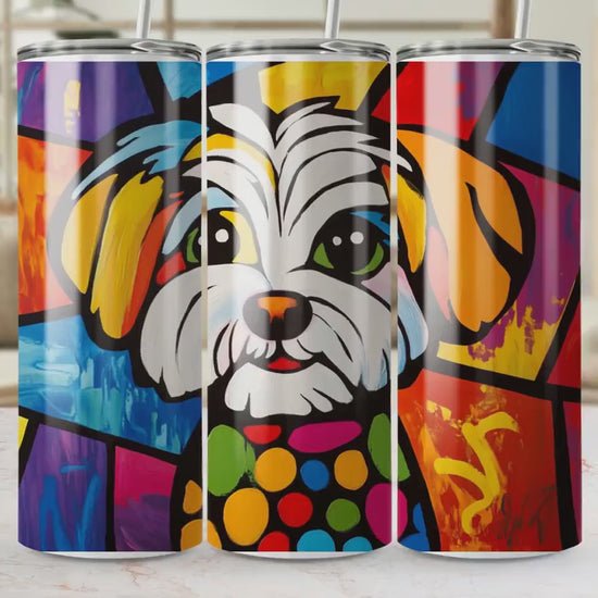 Shih Tzu Art Tumbler, Colorful Dog Design, 20oz Stainless Steel, Unique Gift, Artistic Travel Mug with Straw