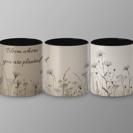 Wildflower Mug, Black Ink Botanical Coffee Cup, 11oz & 15oz Ceramic Mug, White or Accent Colors, Minimalist Nature Gift