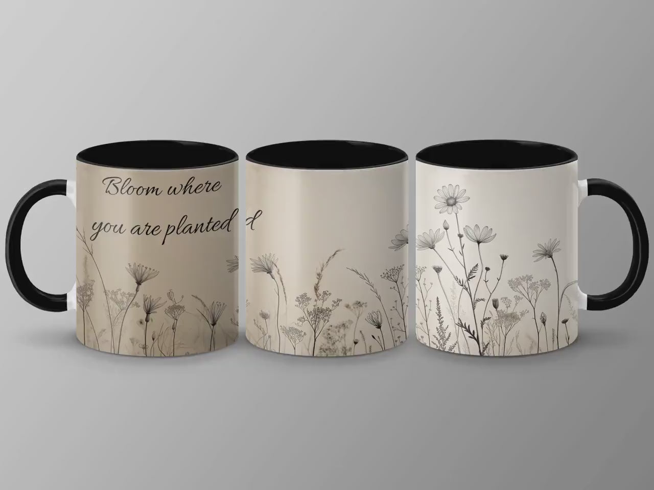 Wildflower Mug, Black Ink Botanical Coffee Cup, 11oz & 15oz Ceramic Mug, White or Accent Colors, Minimalist Nature Gift