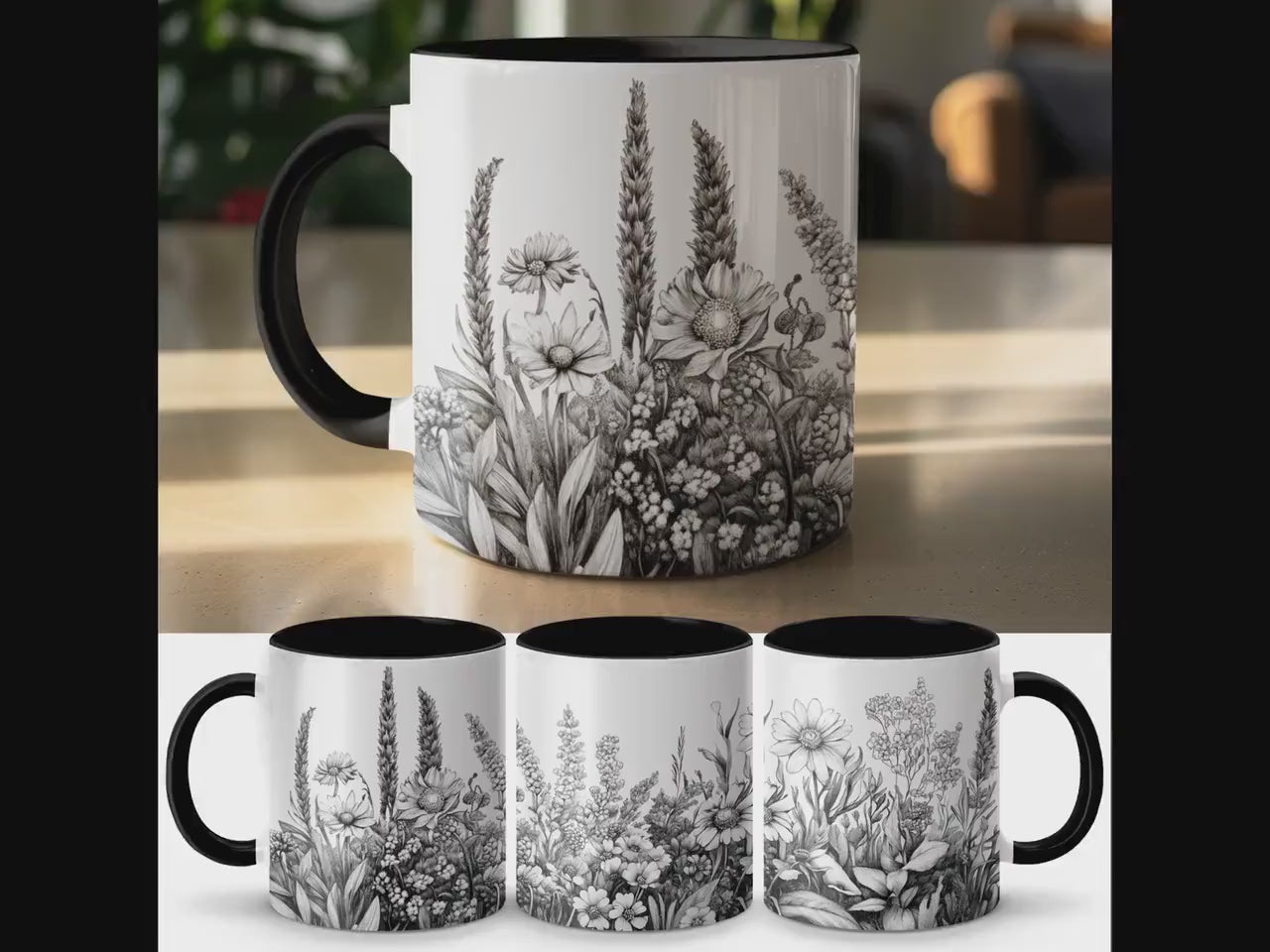 Beautiful floral sketch mug, Botanical flower illustration coffee cup, Artistic nature-inspired drinkware, Unique gift for plant lovers