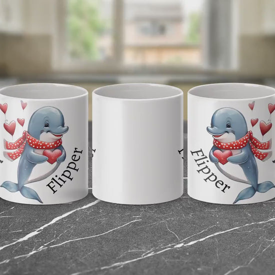 Personalized Cute Dolphin and Heart Mug, Valentine Dolphin Mug, Adorable Animal Mug, Heartwarming Gift Mug, Fun Dolphin Lover Mug