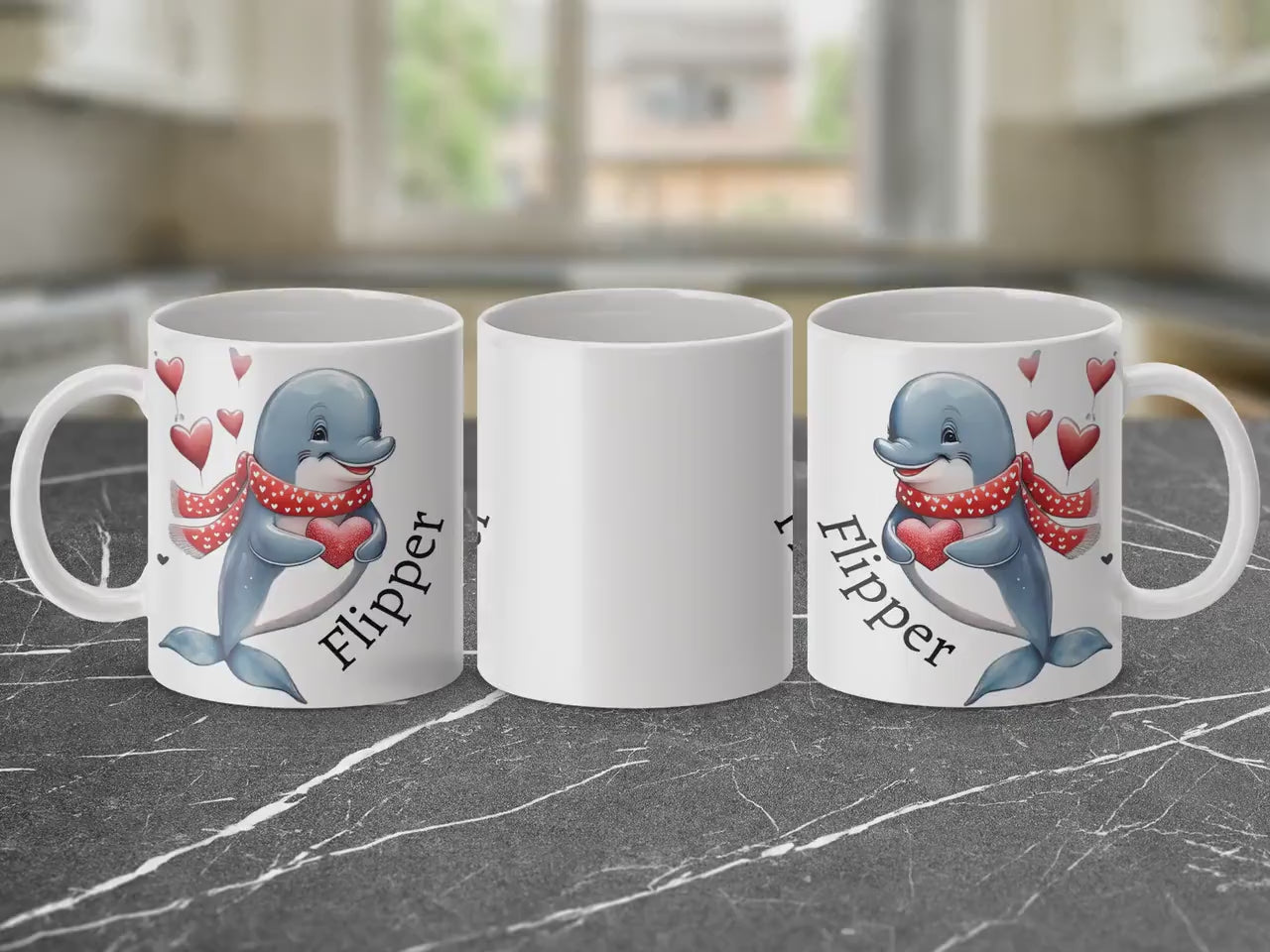 Personalized Cute Dolphin and Heart Mug, Valentine Dolphin Mug, Adorable Animal Mug, Heartwarming Gift Mug, Fun Dolphin Lover Mug