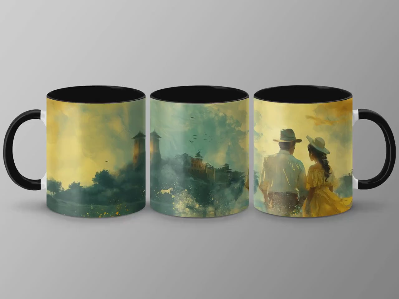 Romantic Watercolor Mug, Couple by Landscape Art, 11oz & 15oz Ceramic Mug, White or Accent Colors, Gift for Art Lovers