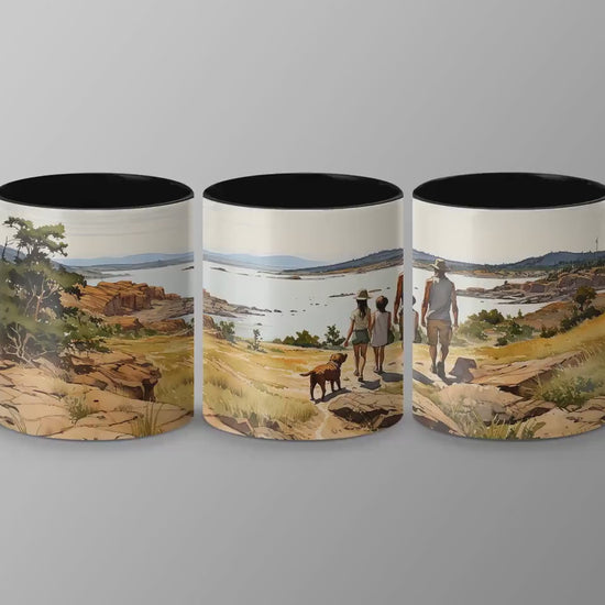 Family Lake Walk Mug, Watercolor Art Coffee Cup, 11oz & 15oz Ceramic Mug, White or Accent Colors, Nature Lover Gift