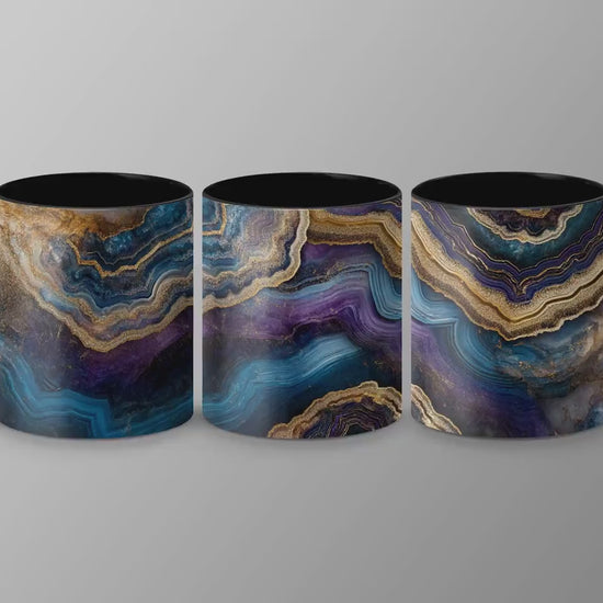 Blue & Gold Agate Wrap-Around Mug, 11oz 15oz Ceramic Coffee Cup, Stunning Swirl Design, Artistic Gift