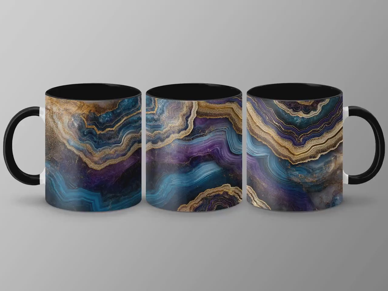 Blue & Gold Agate Wrap-Around Mug, 11oz 15oz Ceramic Coffee Cup, Stunning Swirl Design, Artistic Gift