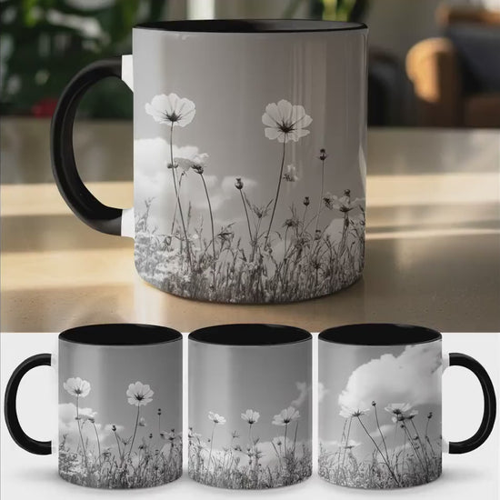 Black and White Flower Mug, Floral Mug with Wildflowers, Nature Inspired Coffee Mug, Unique Gift for Flower Lovers, Ceramic Mug