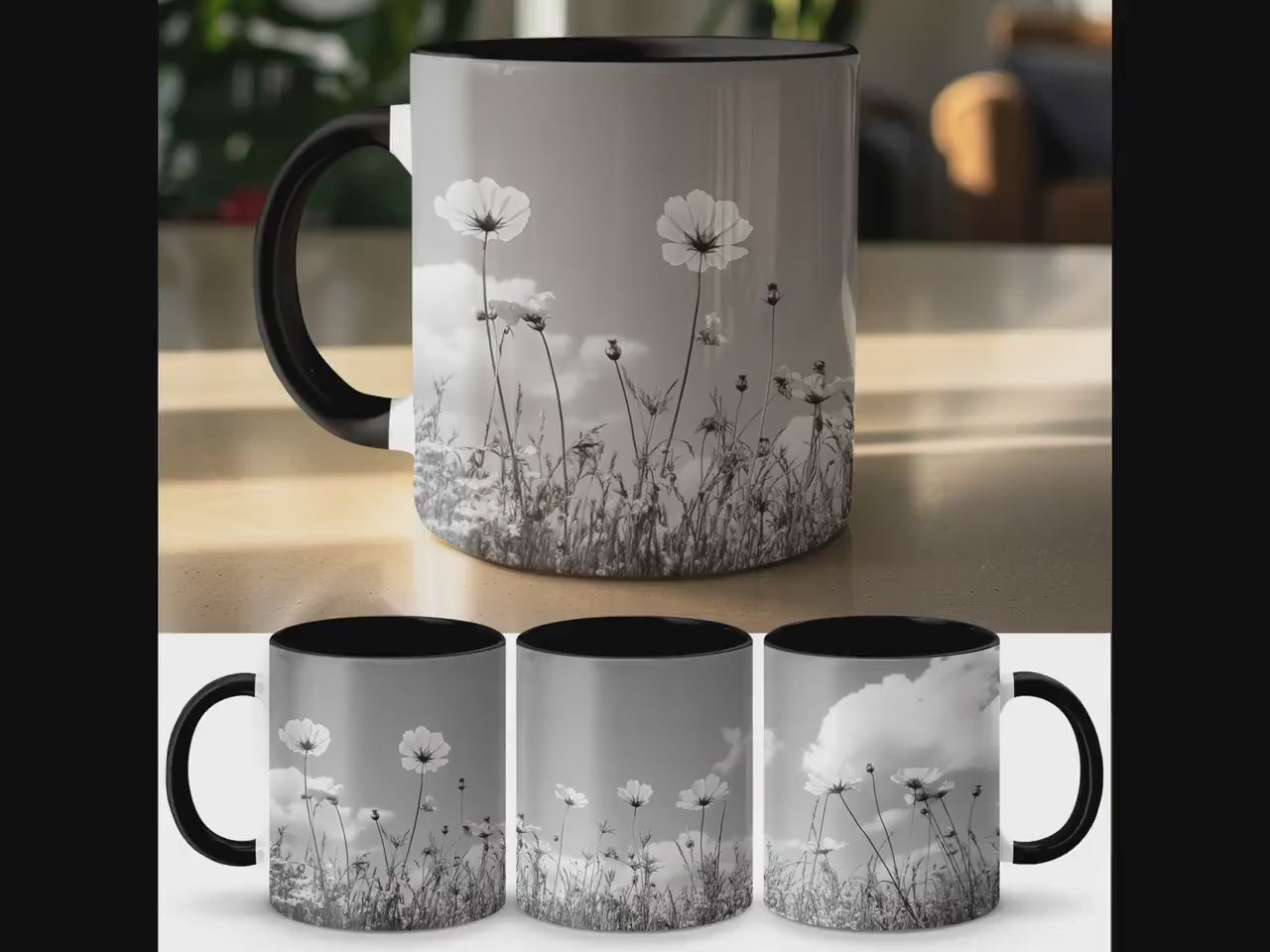 Black and White Flower Mug, Floral Mug with Wildflowers, Nature Inspired Coffee Mug, Unique Gift for Flower Lovers, Ceramic Mug