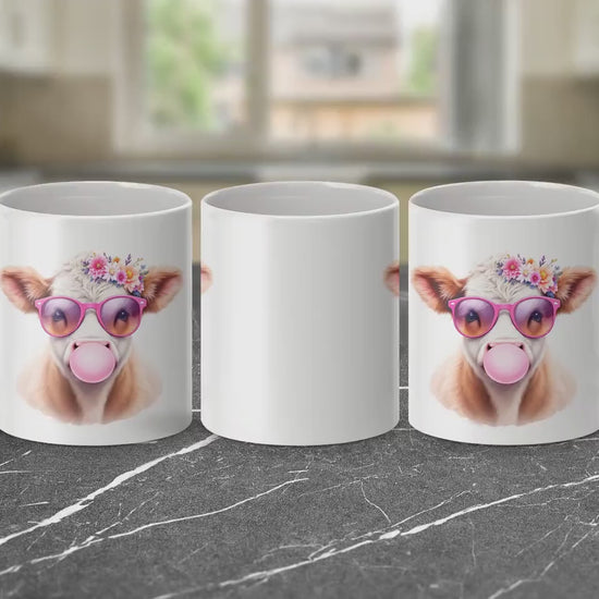 Floral Cow with Sunglasses Mug, Adorable Bubblegum Design, 11oz & 15oz Ceramic Mug, Fun Farm Animal Coffee Cup