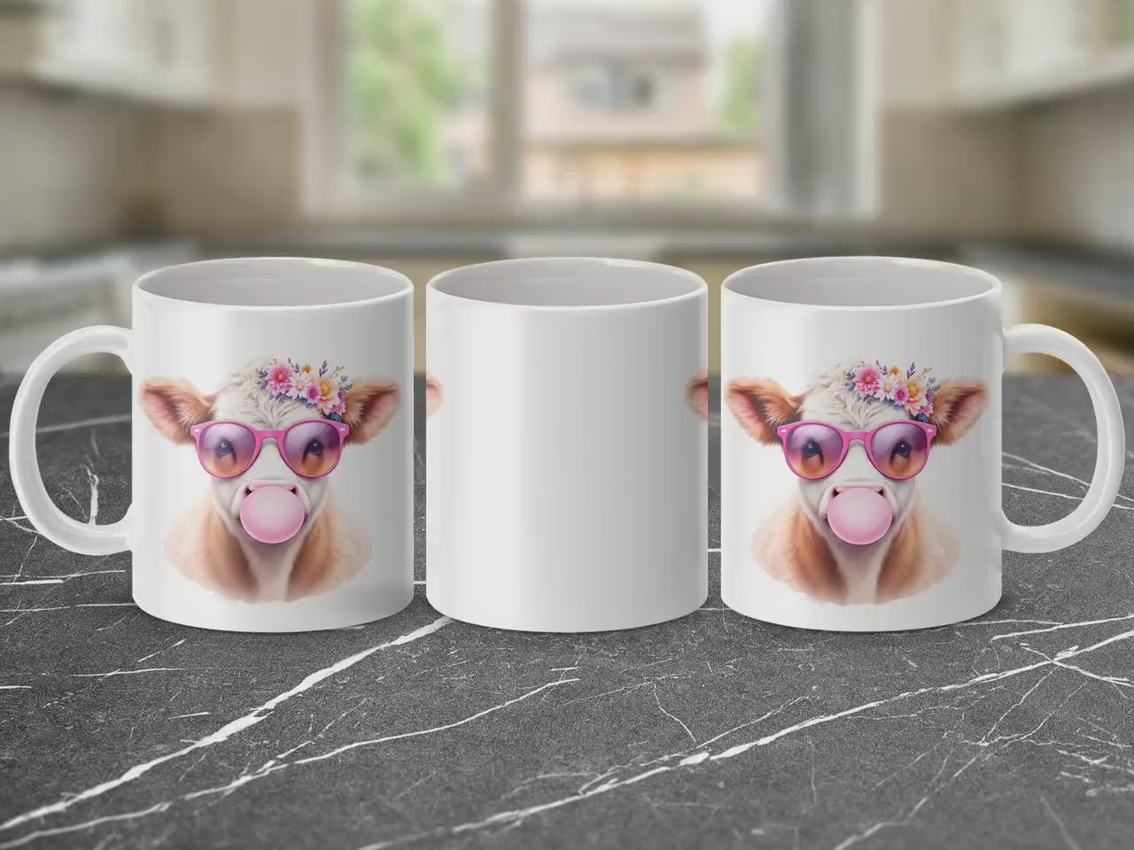 Floral Cow with Sunglasses Mug, Adorable Bubblegum Design, 11oz & 15oz Ceramic Mug, Fun Farm Animal Coffee Cup