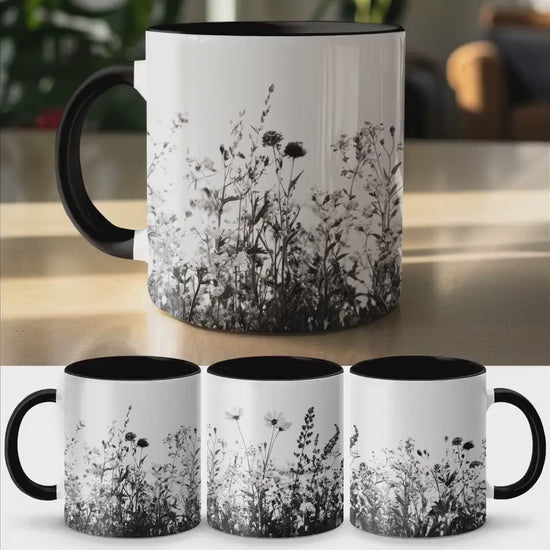 Wildflower Design Mug, Vintage Floral Coffee Mug, Black and White Botanical Print, Unique Gift for Nature Lovers, Tea Cup, Home Decor