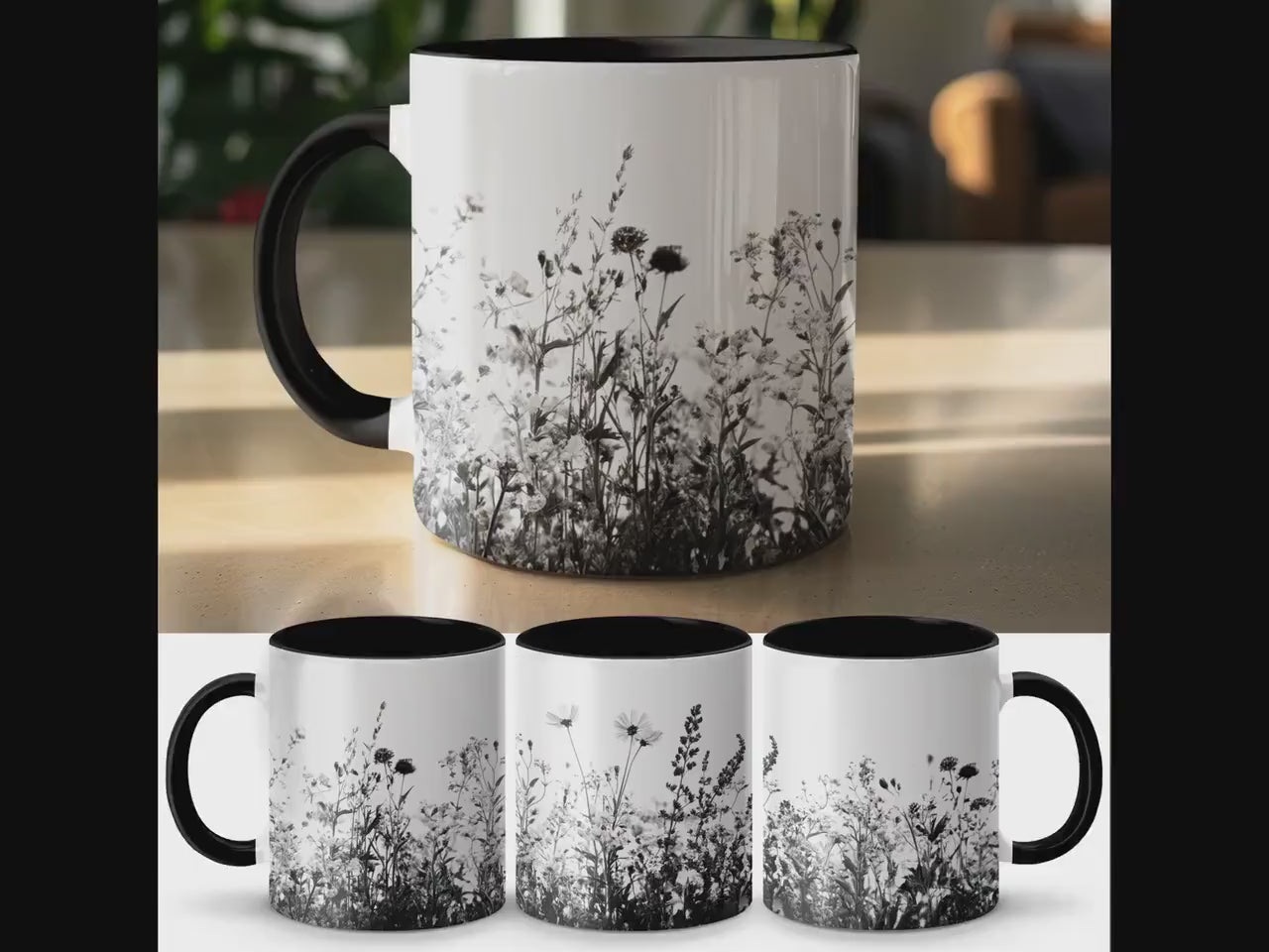 Wildflower Design Mug, Vintage Floral Coffee Mug, Black and White Botanical Print, Unique Gift for Nature Lovers, Tea Cup, Home Decor